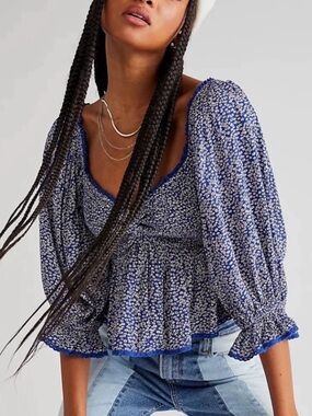 Free People Blue Floral Smocked Top